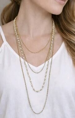 Long Multi-Strand Layered Necklace- Gold-tone & White Lucite- 4 Strands wh04-21